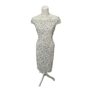 Adrianna Papell White‎ Silver Off Shoulder Sheath Sequin Dress Sz 14 NEW